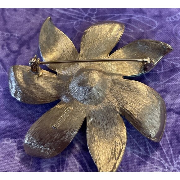 Kramer Blue Enamel Gold Tone Flower Brooch Pin Faux Pearl Clip On Earrings - Picture 9 of 11